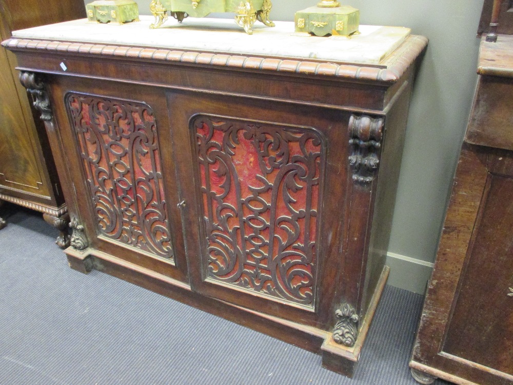 A 19th century mahogany and marble topped cupboard, 94 x 122 x 51cm