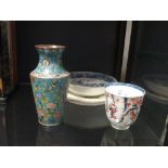 A 19th century cloisonne vase, together with a French porcelain plate, an Imari bowl and a blue