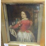 English School, 19th Century A young girl in a red jacket carrying a tray with wine, overpainted pri