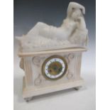 A French 19th century alabaster figural mantle clock with suspension movement, 41cm high