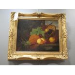 19th century School, a still life study of fruit spilling from a basket, oil on canvas (relined),