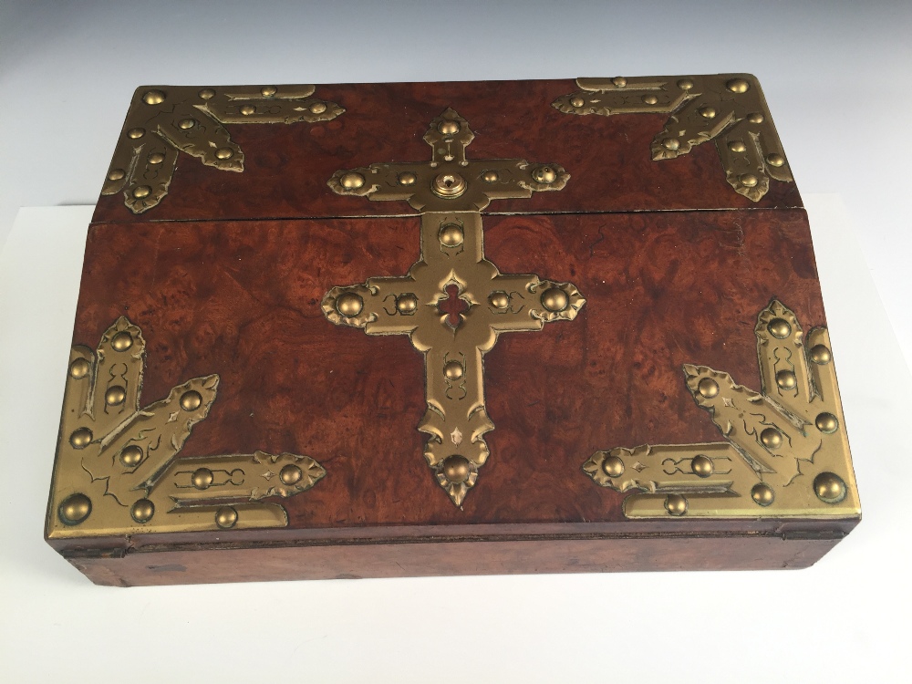 A Victorian burr walnut and brass mounted writing slope by Sampson Morden & Co., stamped to lock