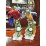 A pair of Sitzendorf models of parakeets, each perched on a rustic leaf and blossoms decorated