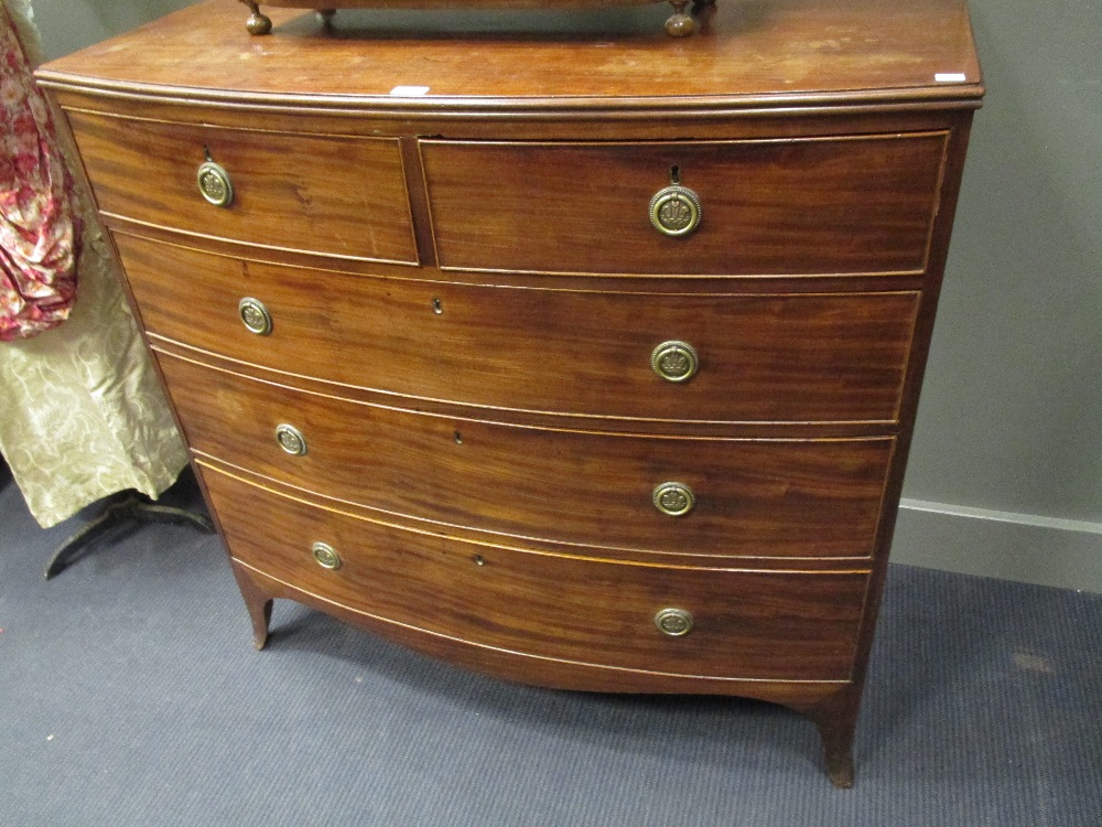 A Regency mahogany bow front chest of drawers, brass ring handles on swept bracket feet, 106 x 106 x