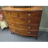 A Regency mahogany bow front chest of drawers, brass ring handles on swept bracket feet, 106 x 106 x