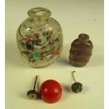 An agate snuff bottle and another interior painted, the grey flattened ovoid shape of the first