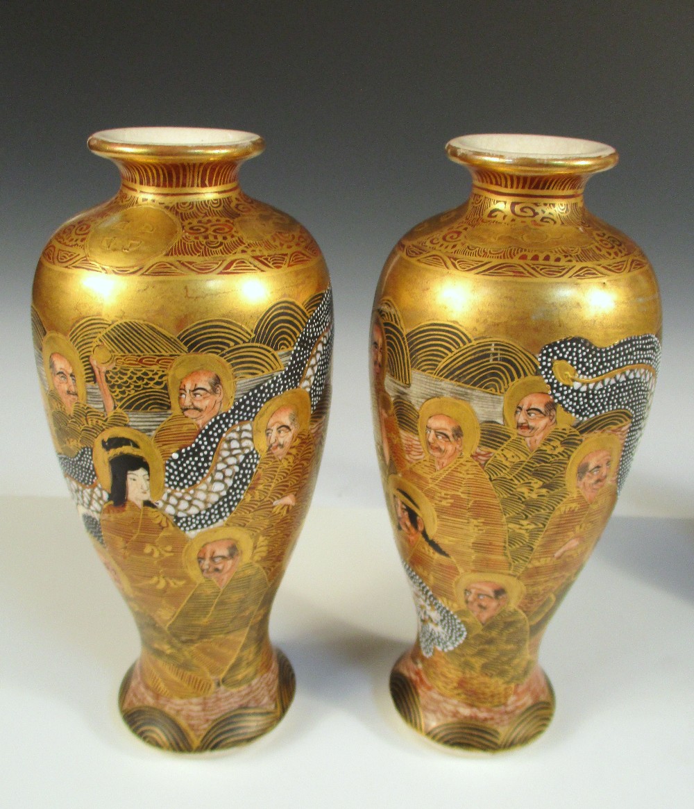 Four pairs of Satsuma vases, each painted with Kwannon seated amongst lohans intertwined with - Image 9 of 28