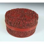 A cinnabar lacquer boxed set of six hardstone archer's rings, the top of the cylindrical lid with