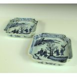 A pair of 19th century Korean blue and white square dishes, each painted with four figures walking