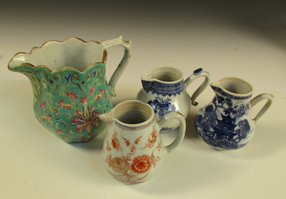 A Canton and three 18th century jugs, the facetted exterior of the first with flowers on a turquoise - Image 20 of 20