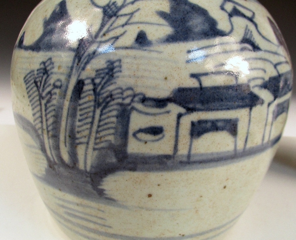 Two 19th century blue and white jars, each painted with island scenes below glaze free rims, 18cm (7 - Image 4 of 12