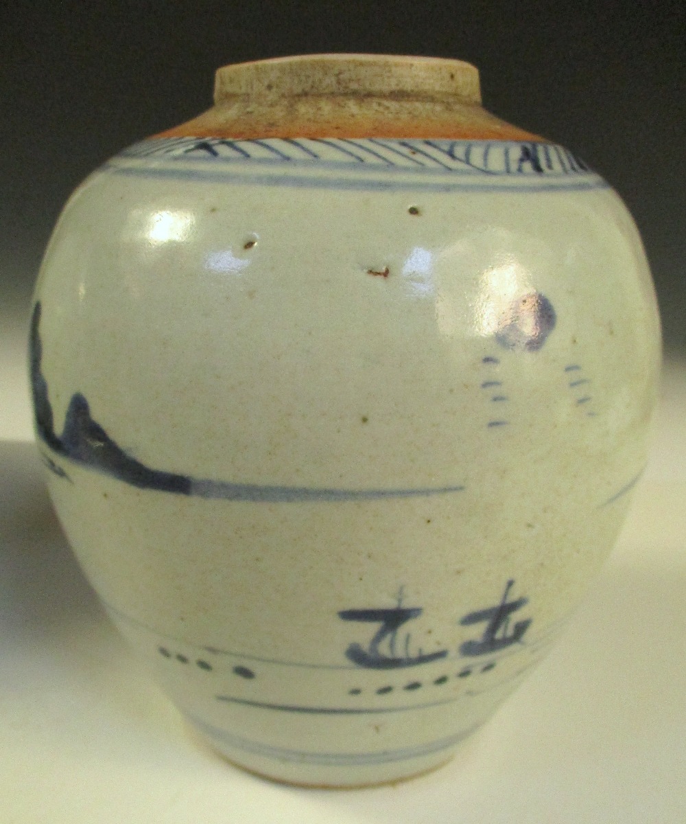 Two 19th century blue and white jars, each painted with island scenes below glaze free rims, 18cm (7 - Image 9 of 12