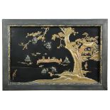 Shotaro, a bronze inlaid lacquer panel, depicting Benjaiten playing a lute below a flowering cherry,