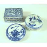 Two blue and white boxes and another wucai, the lid of the ink box painted with two butterflies