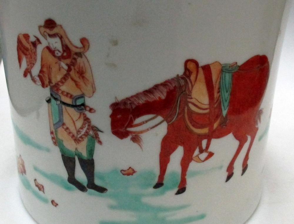 A Kangxi marked famille verte brush pot, the cylindrical sides of the exterior painted with three - Image 3 of 8