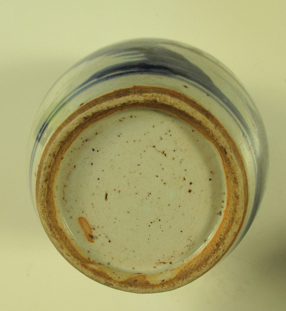 Two 19th century blue and white jars, each painted with island scenes below glaze free rims, 18cm (7 - Image 12 of 12