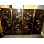 Two pairs of gold framed embroidered silk panels, each worked in gold thread and coloured silks with