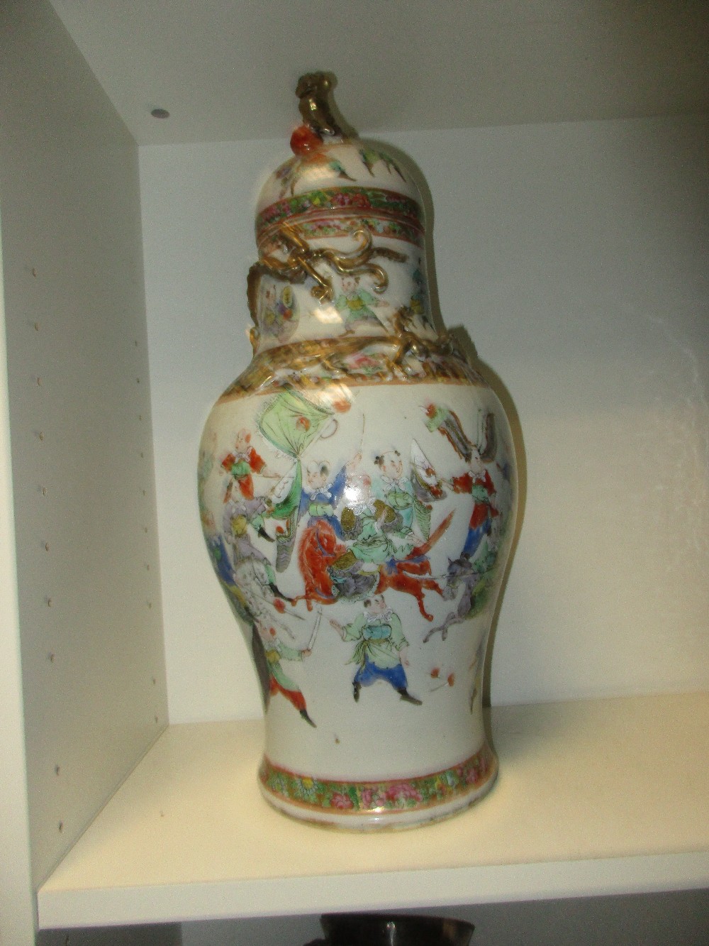 A 19th century Canton vase and cover, the baluster shape painted with a mock battle between horsemen - Image 2 of 5