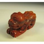 A buffalo horn Buddhist lion, the pierced mouth of the reclining beast resting on its toffee brown