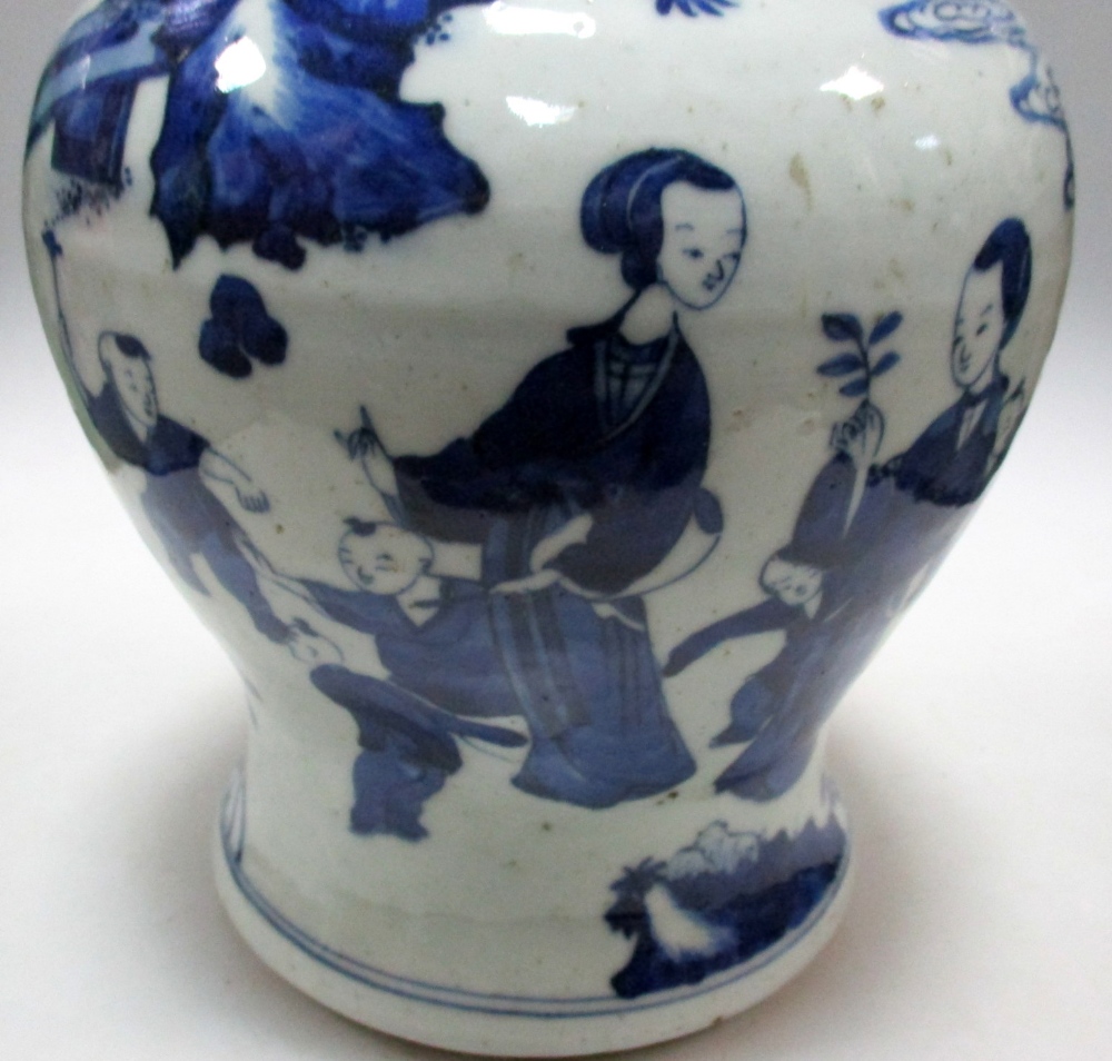A Transitional style blue and white jar and cover, the baluster shape painted with mothers - Image 2 of 8