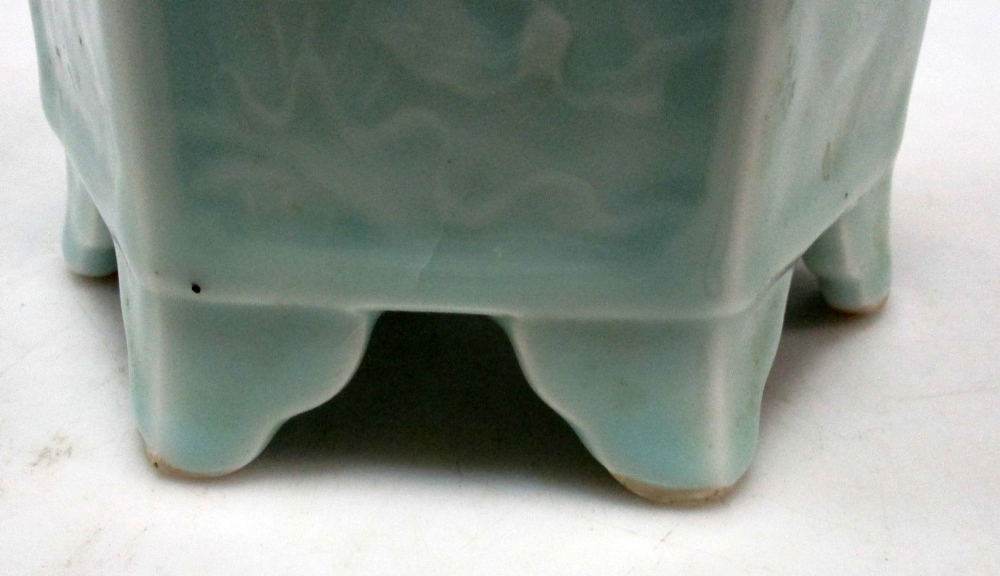 A pale celadon hexagonal brush pot, each side panel moulded in low relief with a different flowering - Image 2 of 5