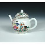 A late 18th century tea pot and cover painted with European figures, the overglaze blue jacketed man