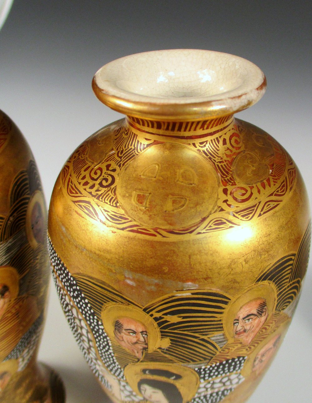 Four pairs of Satsuma vases, each painted with Kwannon seated amongst lohans intertwined with - Image 12 of 28