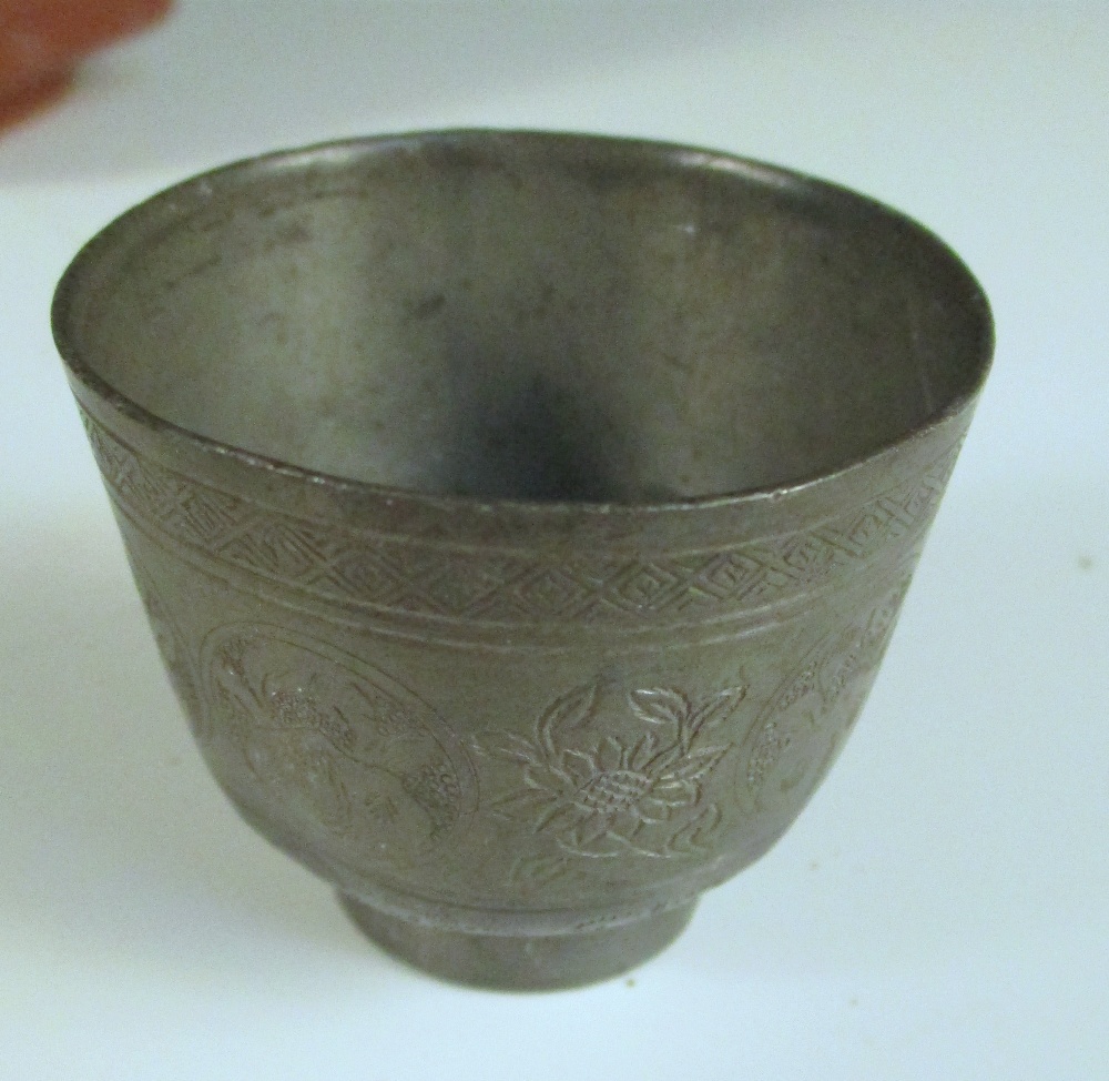 An 18th century Yixing tea pot together with a pewter tea bowl, the hexagonal sides of the pot - Image 6 of 8