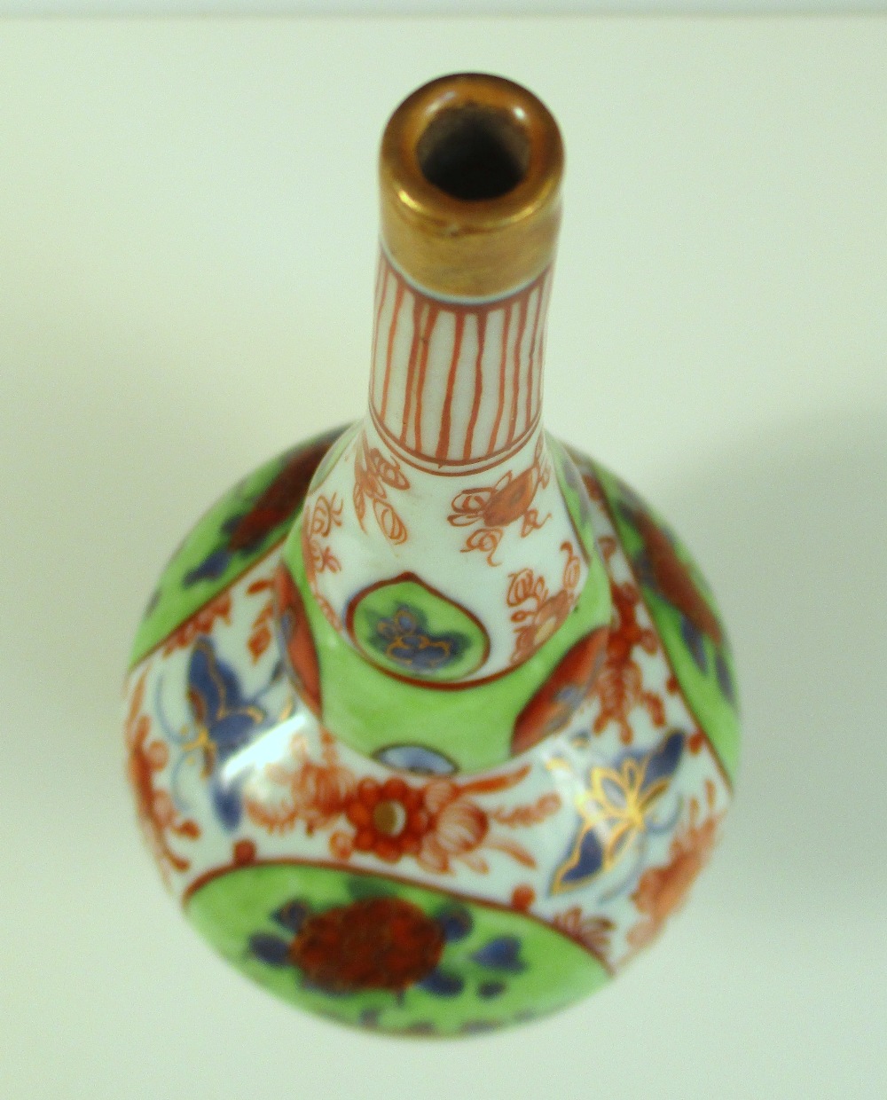 A later coloured 18th century rose water sprinkler, the tall neck above the three lobes of the gourd - Image 2 of 3