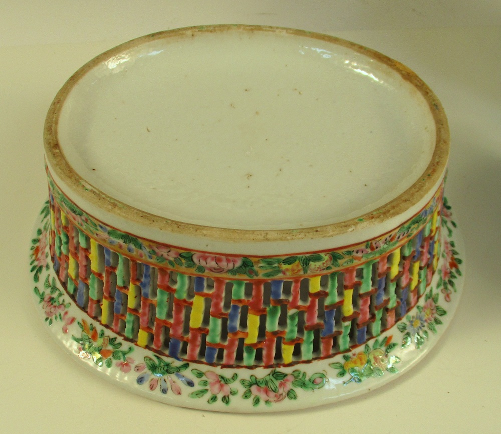 A Canton basket, a blue and white bowl, a covered Imari bowl and another, the oval centre of the - Image 4 of 19