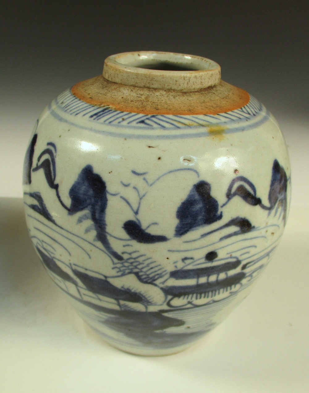 Two 19th century blue and white jars, each painted with island scenes below glaze free rims, 18cm (7 - Image 8 of 12