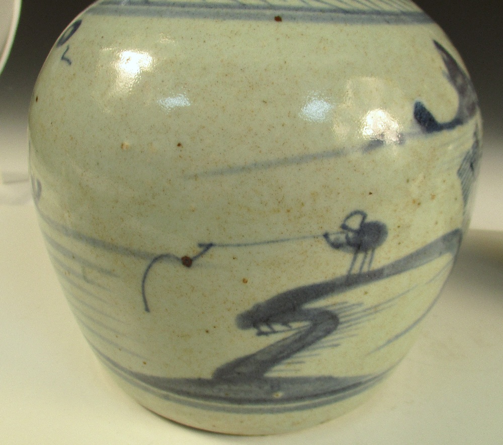 Two 19th century blue and white jars, each painted with island scenes below glaze free rims, 18cm (7 - Image 5 of 12