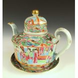 A 19th century Canton tea pot and cover together with a plate, each piece painted with figures