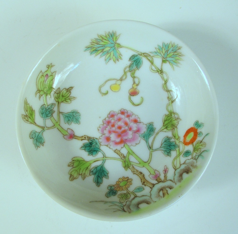 A pair of small saucers, six character marks of Guangxu in red, each with central pink peony bloom - Image 2 of 5