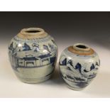 Two 19th century blue and white jars, each painted with island scenes below glaze free rims, 18cm (7