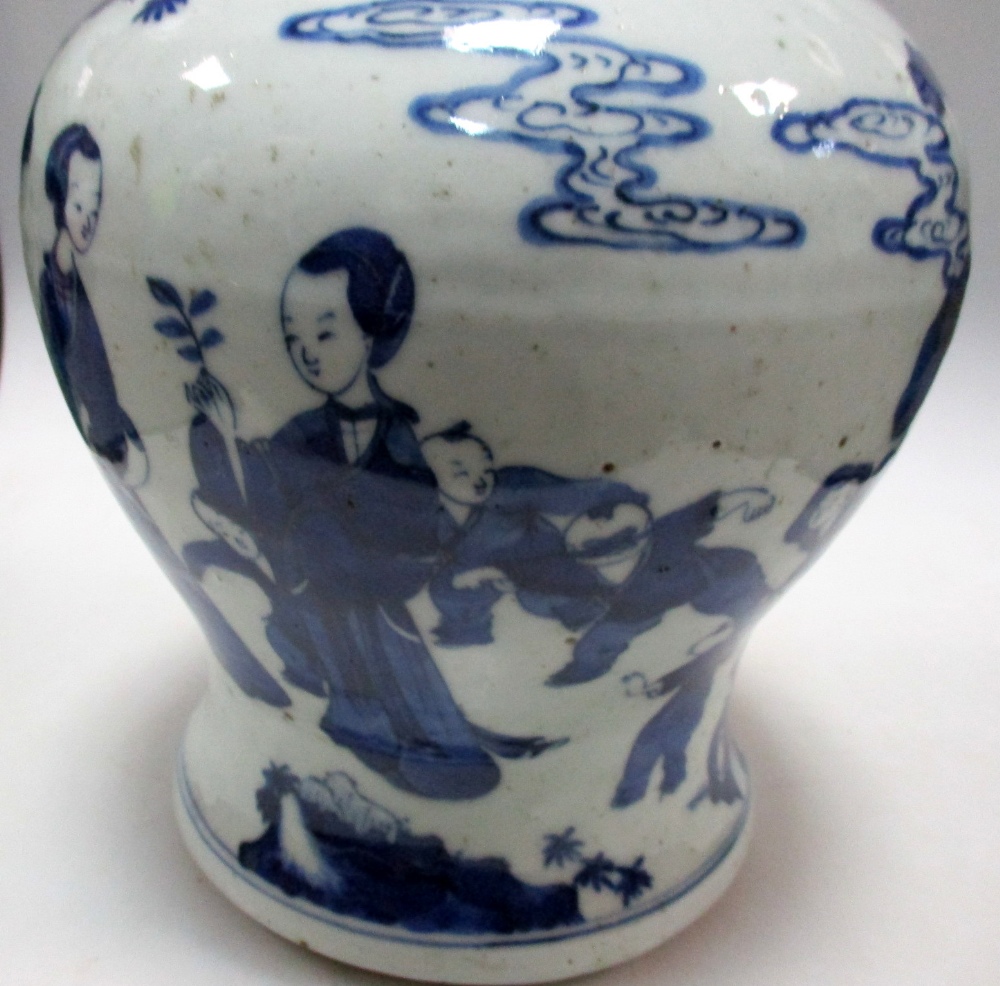 A Transitional style blue and white jar and cover, the baluster shape painted with mothers - Image 3 of 8