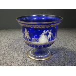 A Venetian blue glass and decorated stem bowl with characters to the side (small rim chip)