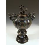 An early 20th century Chinese champleve bronze censer and cover, 35cm (13.75 in) high (2)