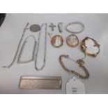 Various scrap jewellery including a 9ct gold bracelet, various cameos and small silver