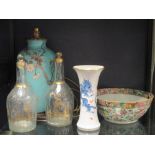 A cloisonne lamp base (39cm high), famille rose bowl, pair of gilt decanters and a Meissan vase