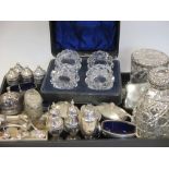 Various small silver mustards, salts, peppers, silver topped jars, coins etc