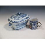 An 18th century Chinese blue and white soup tureen and cover together with a mandarin palette mug