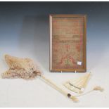 A small sampler, a parasol with ivory handle and a fan a/f