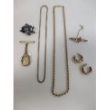 Two 9ct gold chains (16g), a 9ct gold watch, a pair of earrings, an enamelled tortoise brooch by