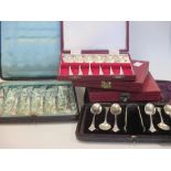 Three cased sets of teaspoons, a cased set of teaspoons and tongs (approx. 8oz) and a cased set of