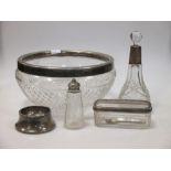A silver salt, mounted scent bottle, a pepper and an electroplate mounted fruit salad bowl