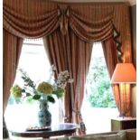 Four pairs of green and pink striped curtains (lined) together with a matching pelmet and six