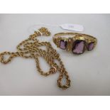 A 9ct ropetwist chain necklace, 49g, and a hinged bangle set with three large amethysts (2)