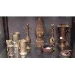 Japanese bronzes, Benin bronze head of an Iyoba, pewter measures etc