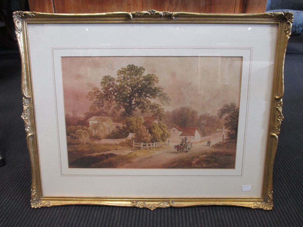 English School (19th century), Pony and trap on a village road, watercolour, together with figures